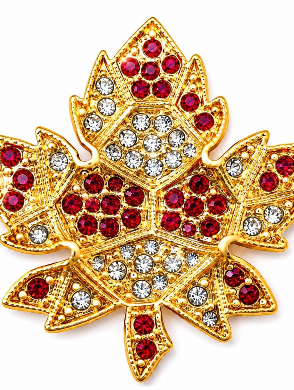 Vintage Gold Tone Maple Leaf Brooch Pin Red & Clear Rhinestone Canada Autumn Jew
